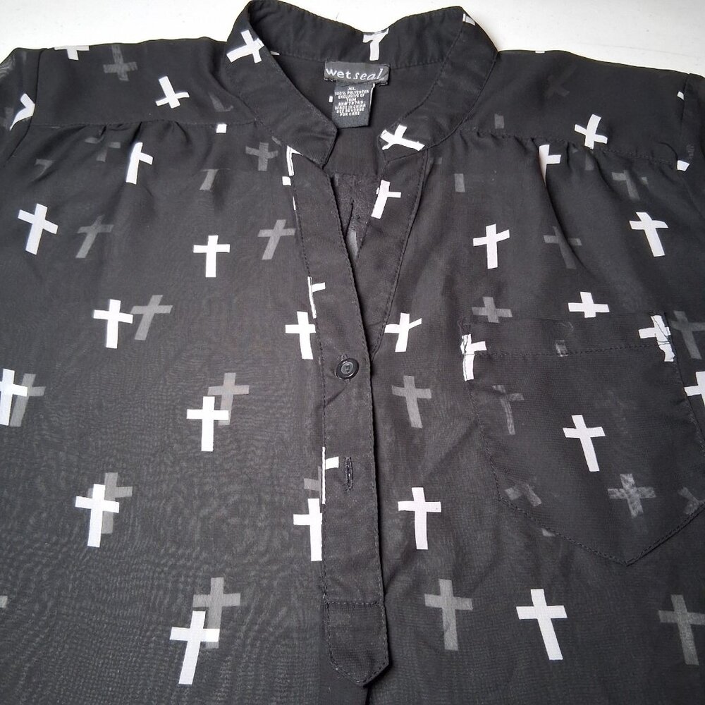 Wet Seal Holy Cross Blouse XL Black Sheer Roll Tab Sleeve Emo Goth Religious - Picture 7 of 14